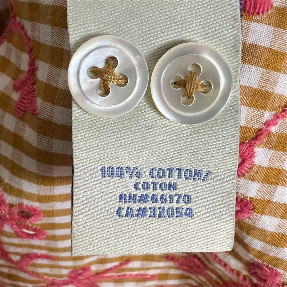 Anthropologie Odille Gingham Eyelet Button Down Shirt Tan Pink Size 0 - Picture 6 of 6